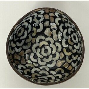 Coconut Shell Bowl Mother of Pearl Trinket Dish Black Gold Geometric Handcrafted